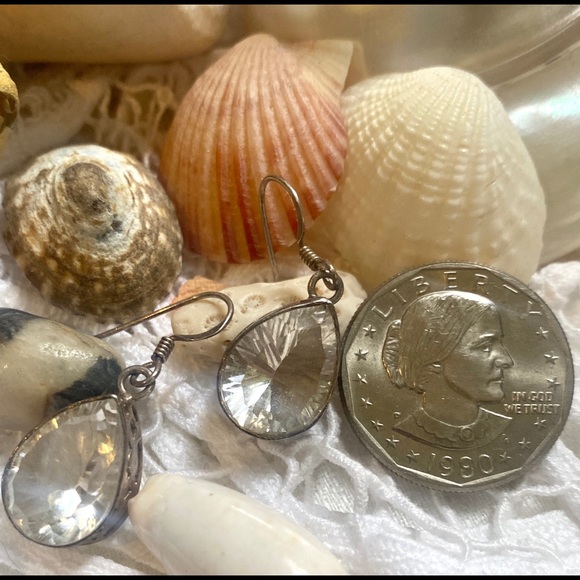 Sterling Set Rock Cut Crystal Tear Drop Earrings - Picture 3 of 6